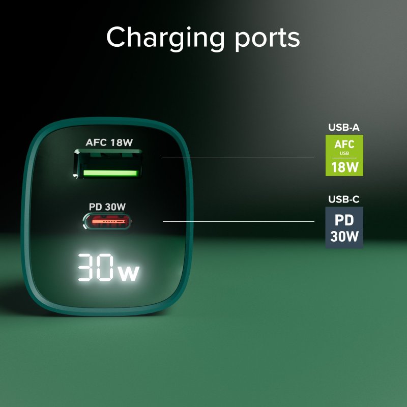 Wall charger with LCD screen, 1 USB-C PD 30W output, 1 USB-A 18W output