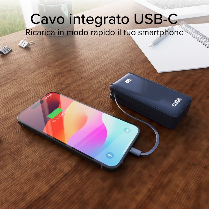 Power Bank 10,000 mAh with built-in USB-C cable