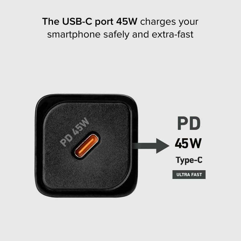 GaN Wall charger, 1 USB-C PD 45W output