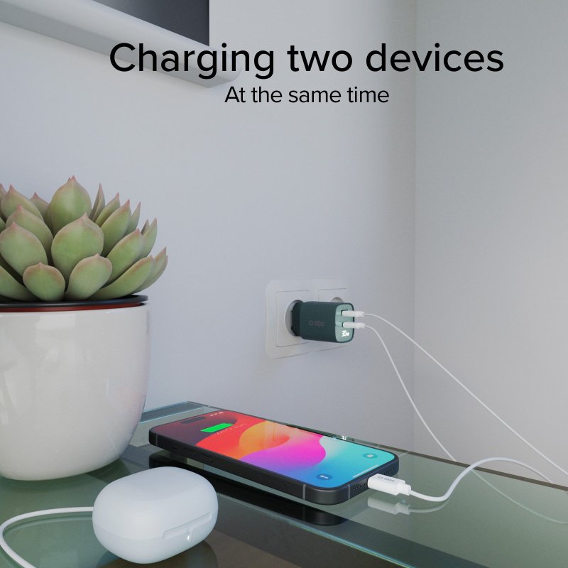 Wall charger with LCD screen, 1 USB-C PD 30W output, 1 USB-A 18W output