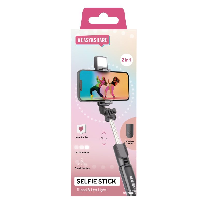 Universal selfie stick with built-in LED light and tripod