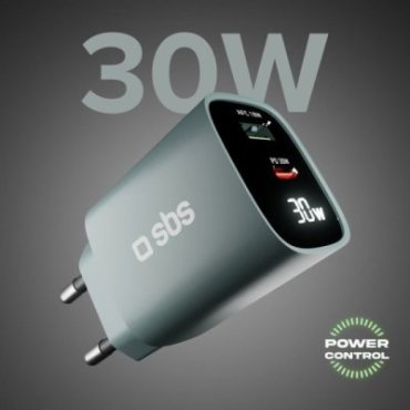 Wall charger with LCD screen, 1 USB-C PD 30W output, 1 USB-A 18W output