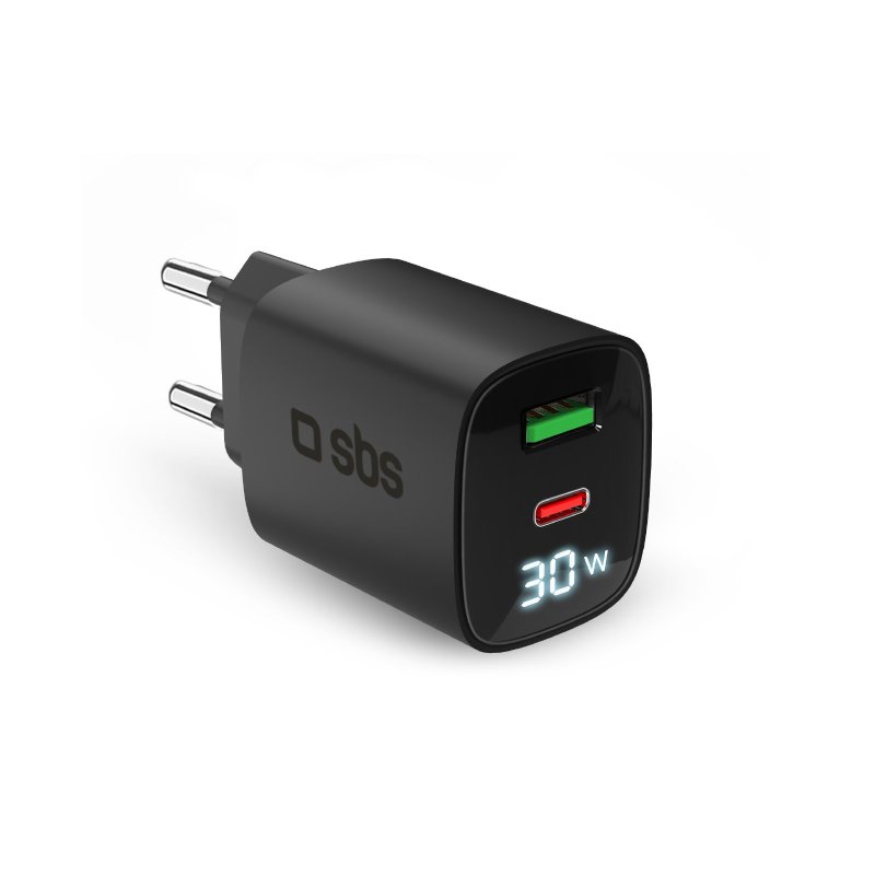 Wall charger with LCD screen, 1 USB-C PD 30W output, 1 USB-A 18W output