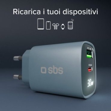 Wall charger with LCD screen, 1 USB-C PD 30W output, 1 USB-A 18W output