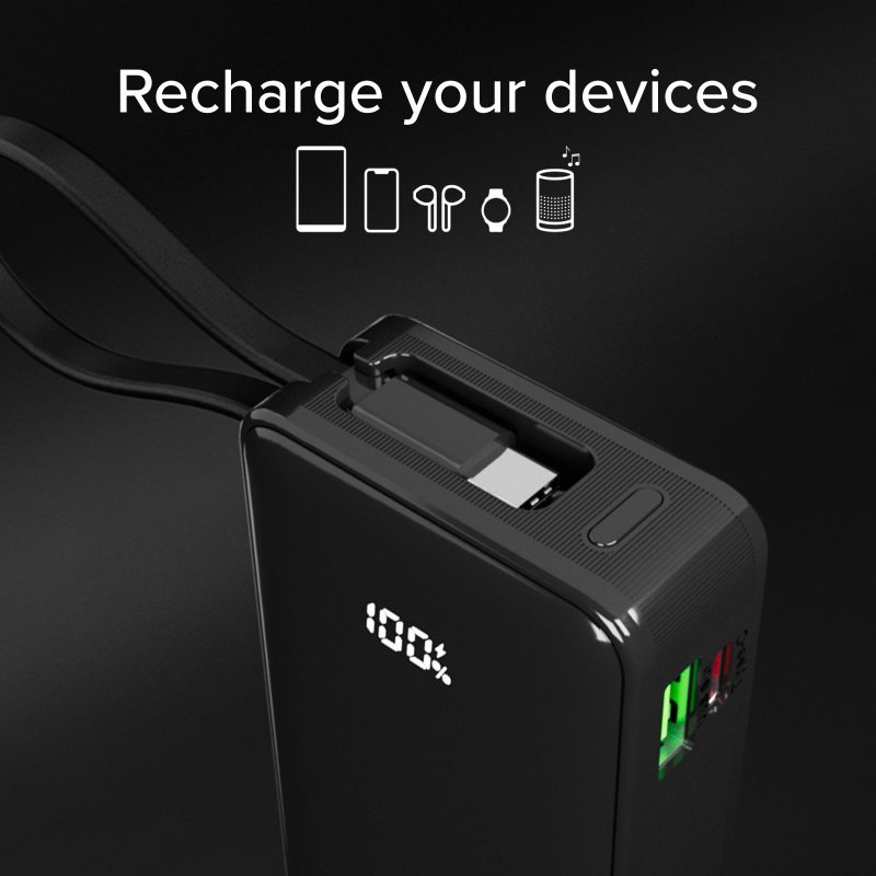 Power Bank 10,000 mAh with built-in USB-C cable