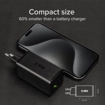 65 Watt GaN wall charger with 1 USB-C Power Delivery and 1 USB-A Adaptive Fast Charge