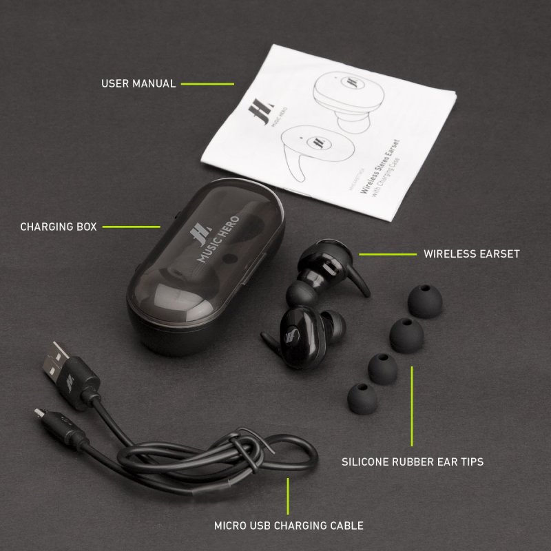 TWS Twin Buddies - earphones with earbud hook and charging case