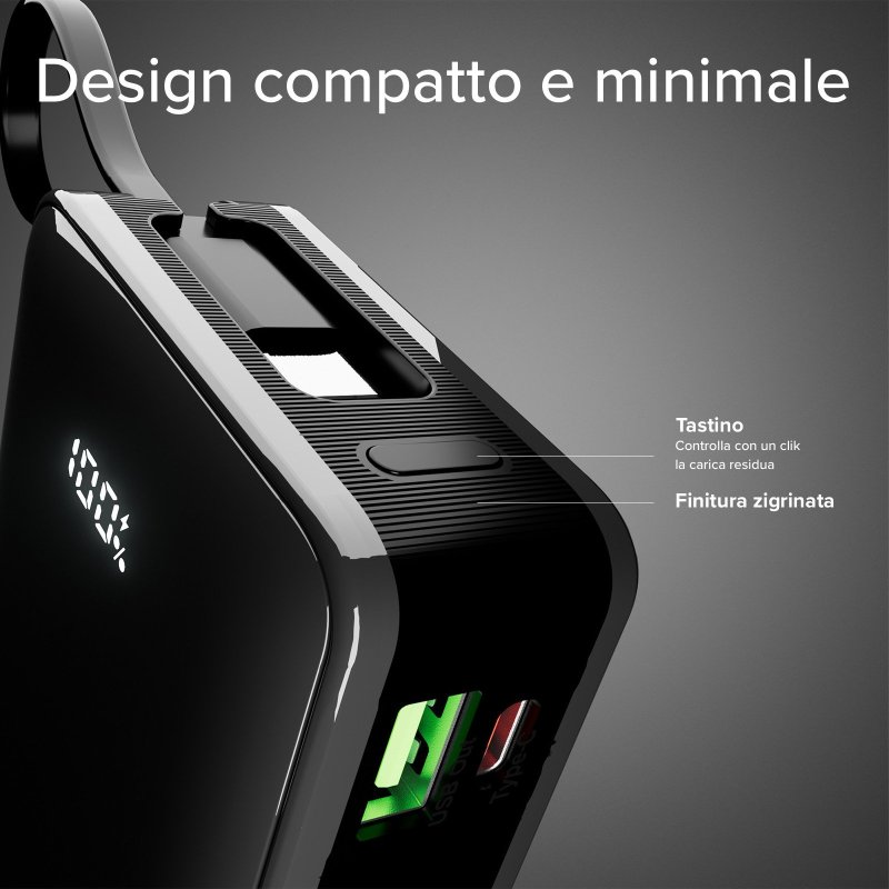 20,000 mAh powerbank with an integrated USB-C cable, a 20W USB-C Power Delivery port and a 22.5W USB-A Fast Charge port