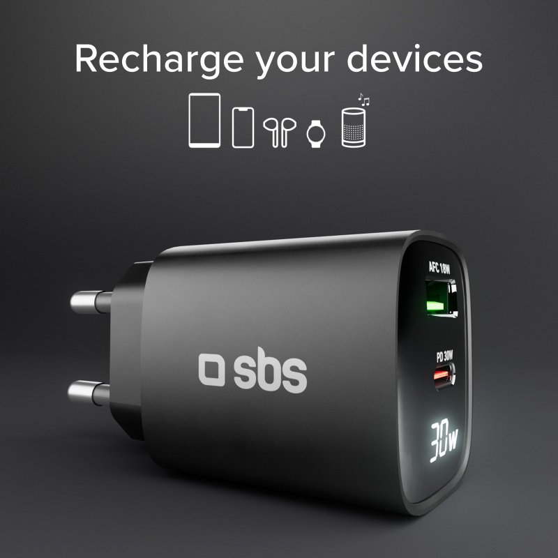 Wall charger with LCD screen, 1 USB-C PD 30W output, 1 USB-A 18W output