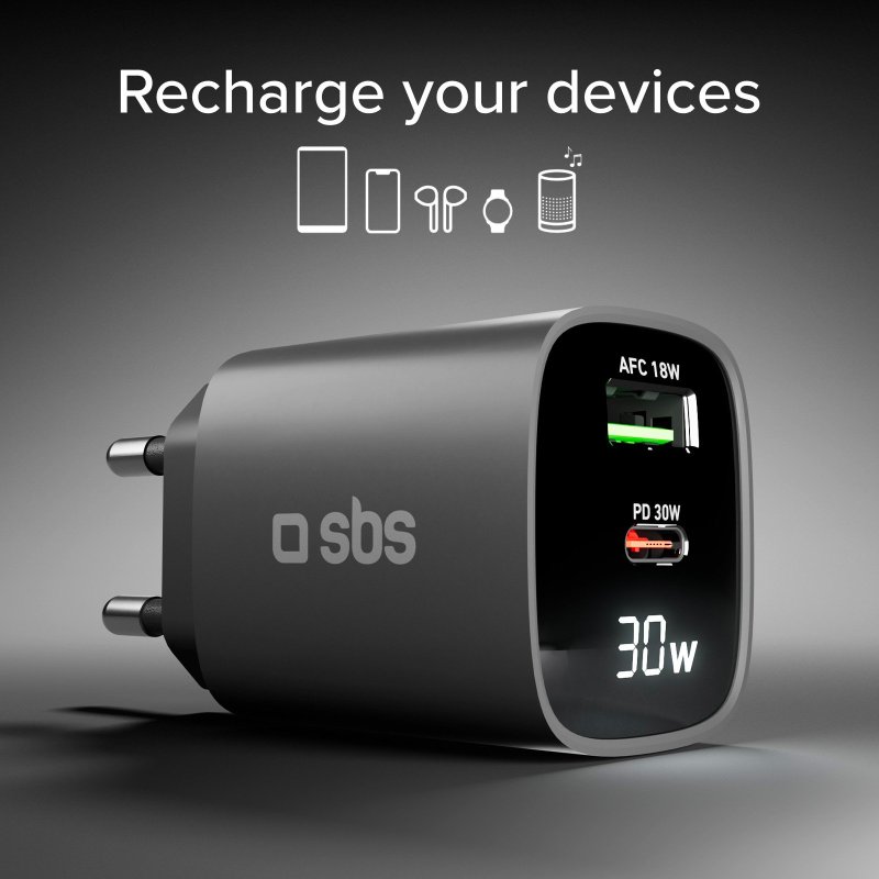 Wall charger with LCD screen, 1 USB-C PD 30W output, 1 USB-A 18W output