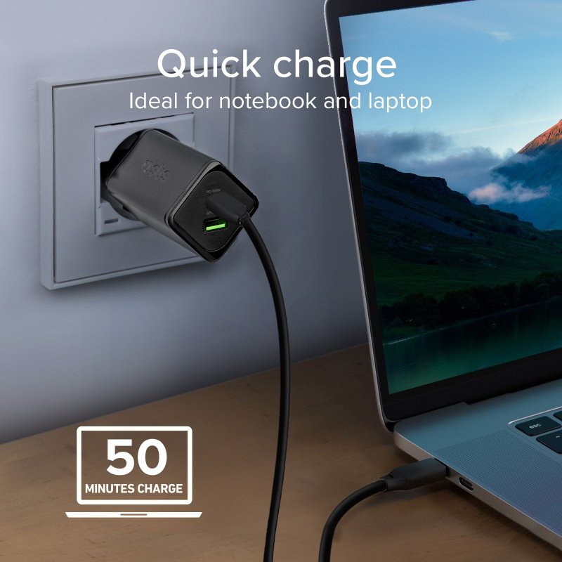65 Watt GaN wall charger with 1 USB-C Power Delivery and 1 USB-A Adaptive Fast Charge
