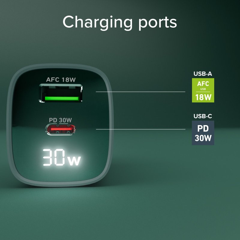 Wall charger with LCD screen, 1 USB-C PD 30W output, 1 USB-A 18W output