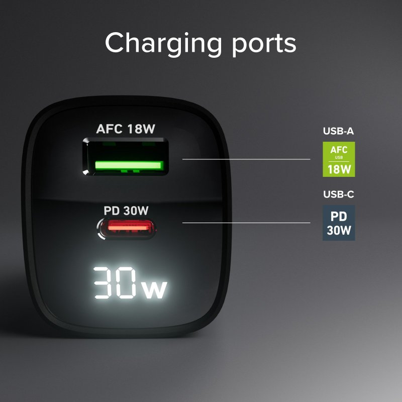 Wall charger with LCD screen, 1 USB-C PD 30W output, 1 USB-A 18W output