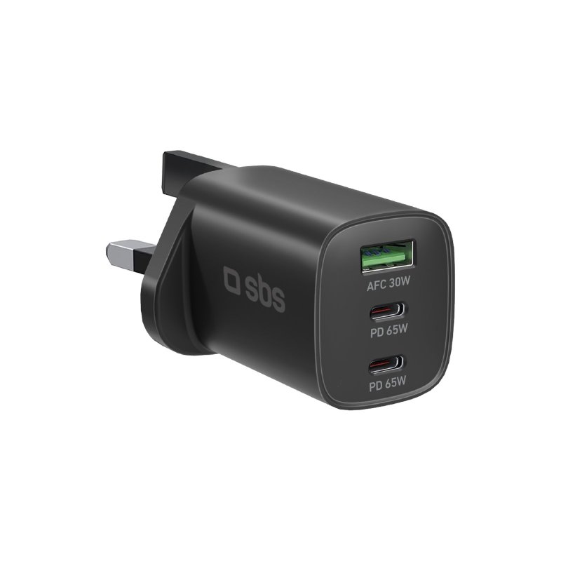 Charger with two USB-C ports and one USB-A port, 65W power, and UK plug