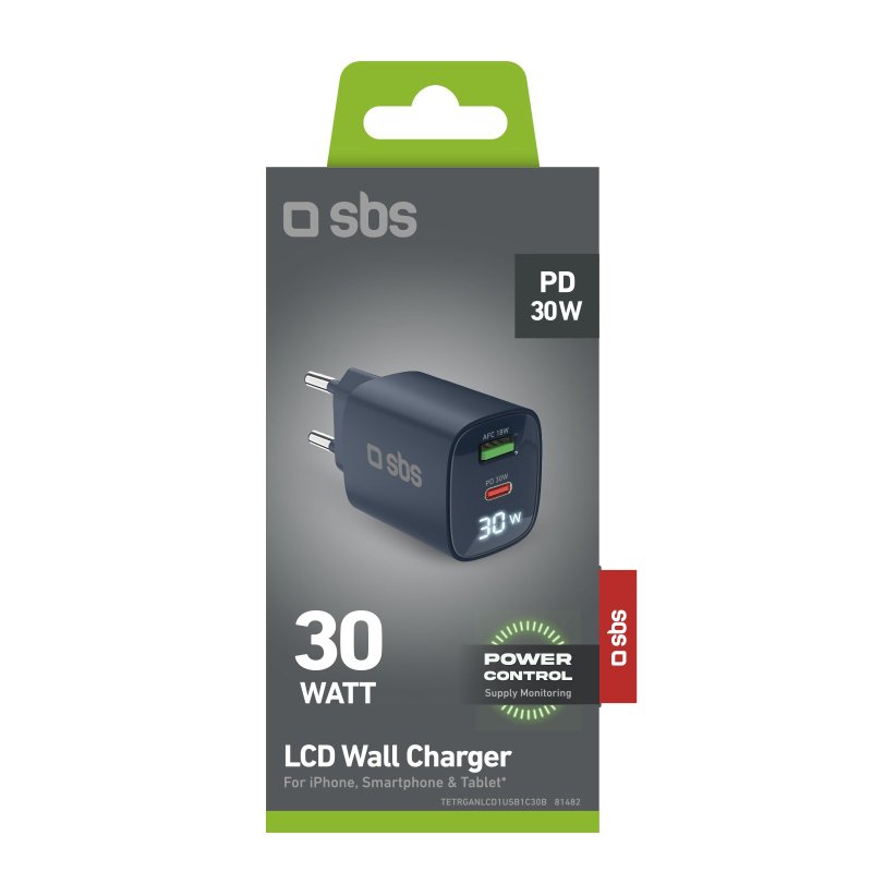 Wall charger with LCD screen, 1 USB-C PD 30W output, 1 USB-A 18W output