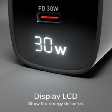 Wall charger with LCD screen, 1 USB-C PD 30W output, 1 USB-A 18W output