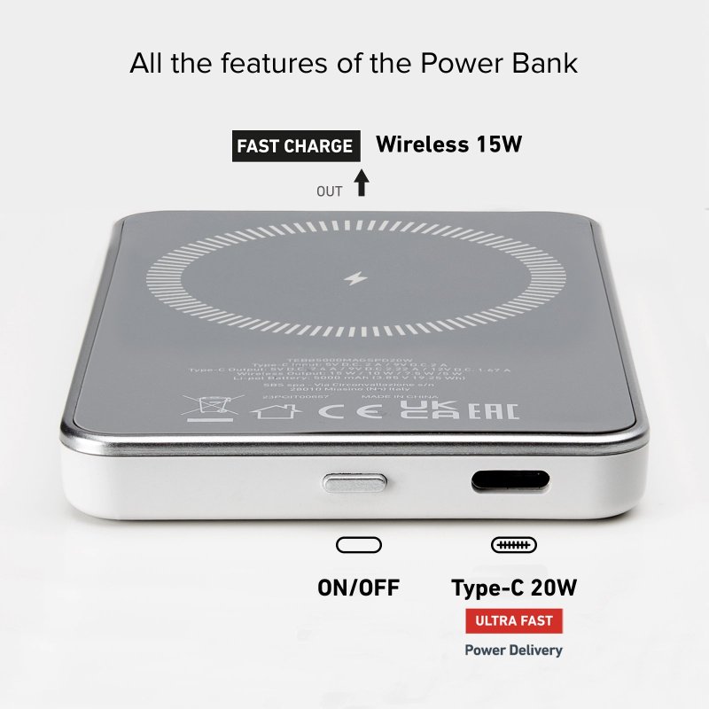 5,000 mAh power bank with wireless magnetic charging