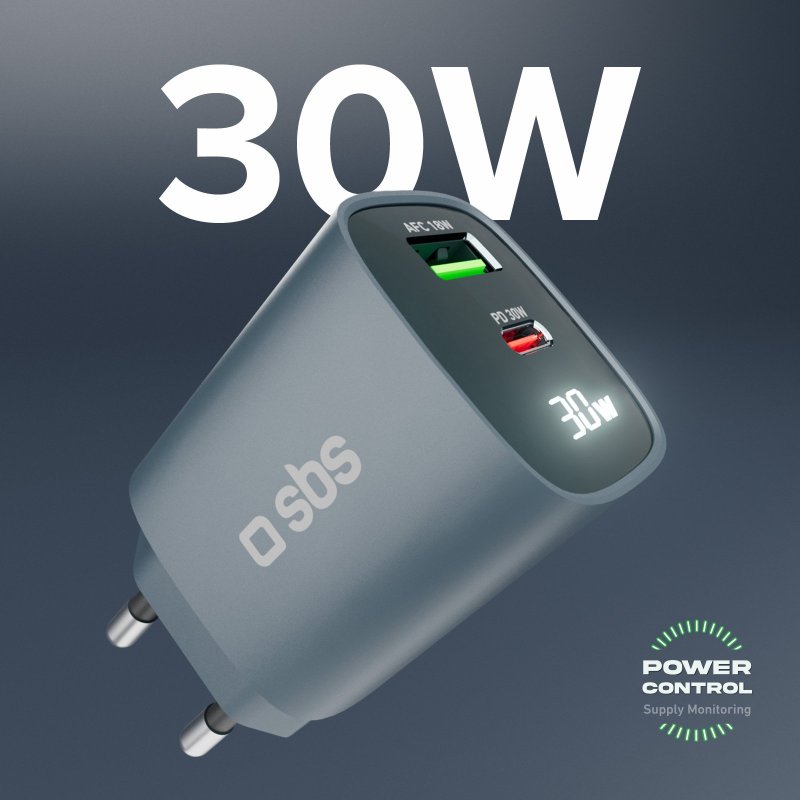 Wall charger with LCD screen, 1 USB-C PD 30W output, 1 USB-A 18W output