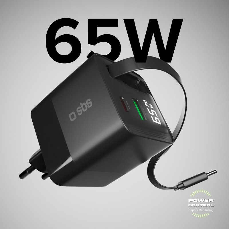 65 W GaN wall charger with an LCD screen and integrated USB-C cable