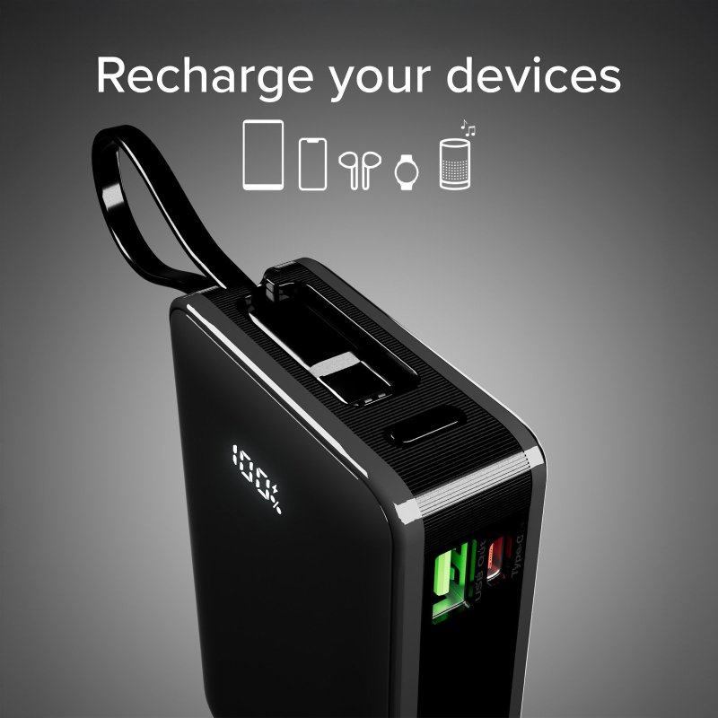 20,000 mAh powerbank with an integrated USB-C cable, a 20W USB-C Power Delivery port and a 22.5W USB-A Fast Charge port