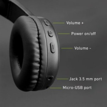 Adjustable stereo headphones with soft ear cushions and built-in microphone, Bluetooth V5.0, buttons for call and music manageme