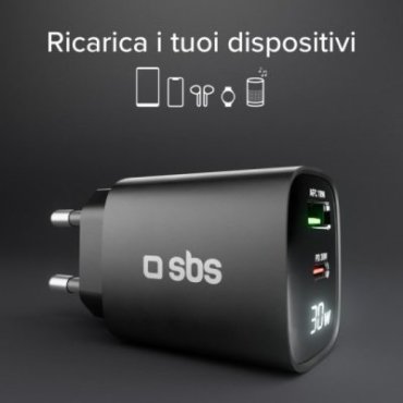 Wall charger with LCD screen, 1 USB-C PD 30W output, 1 USB-A 18W output