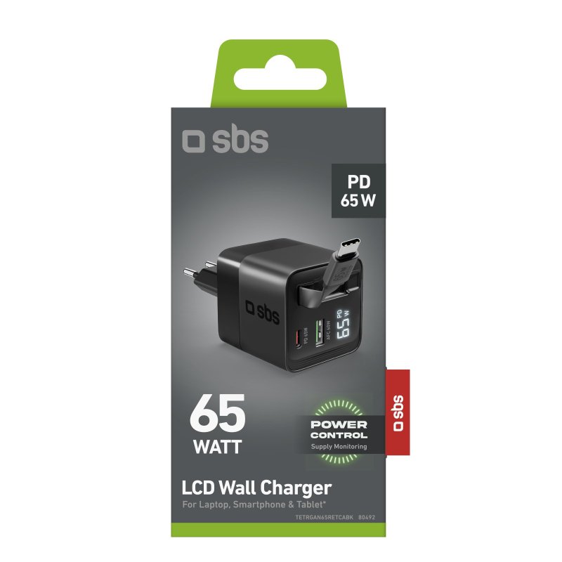 65 W GaN wall charger with an LCD screen and integrated USB-C cable