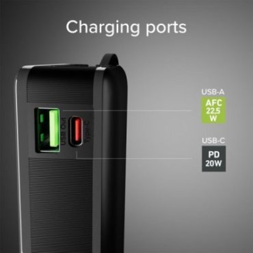 20,000 mAh powerbank with an integrated USB-C cable, a 20W USB-C Power Delivery port and a 22.5W USB-A Fast Charge port