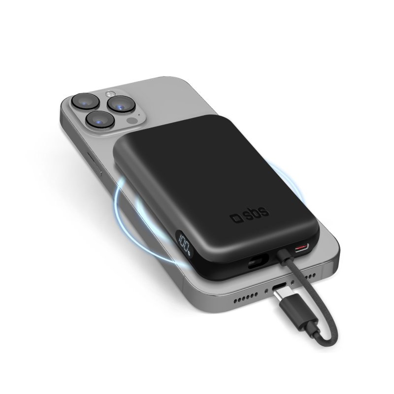 5000 mAh powerbank with integrated USB-C cable, 20W PD charger compatible with MagSafe wireless charging