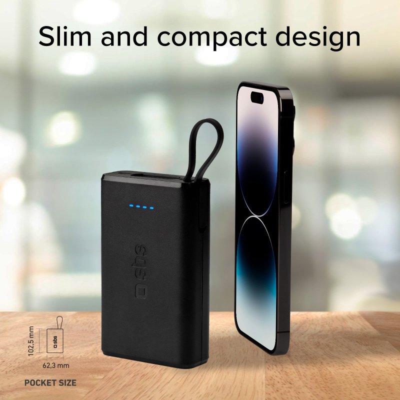 20W 10000mAh Power Delivery power bank with built-in USB-C cable