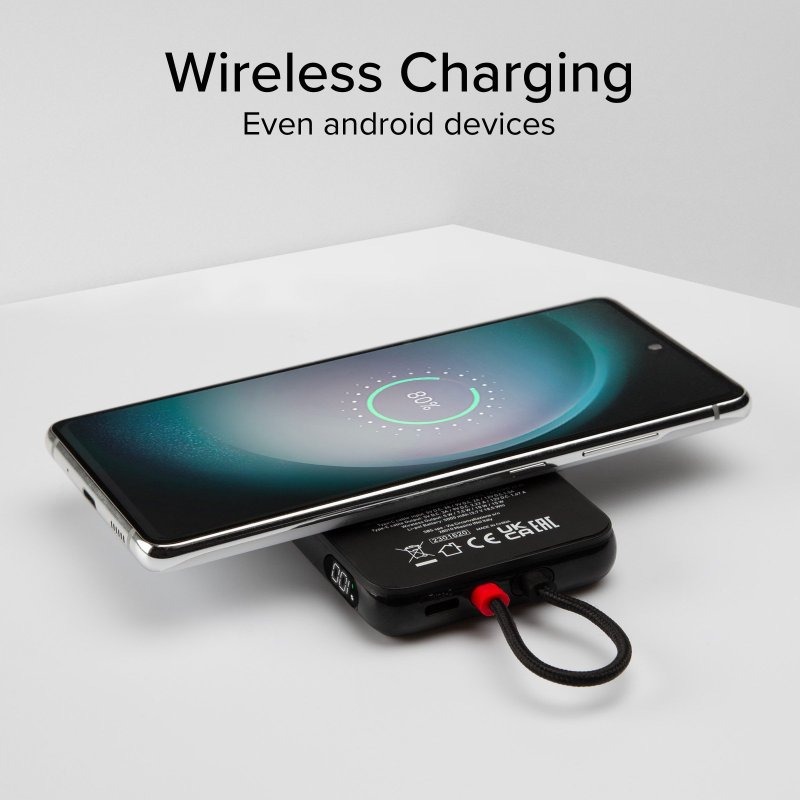 5000 mAh powerbank with integrated USB-C cable, 20W PD charger compatible with MagSafe wireless charging