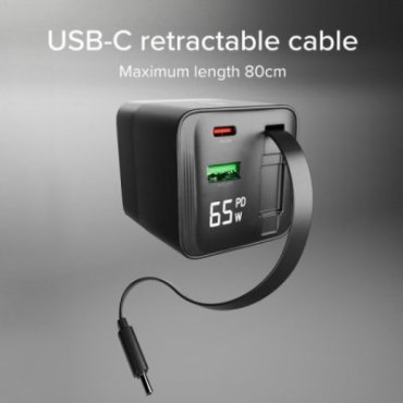 65 W GaN wall charger with an LCD screen and integrated USB-C cable