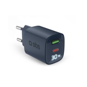 Wall charger with LCD screen, 1 USB-C PD 30W output, 1 USB-A 18W output