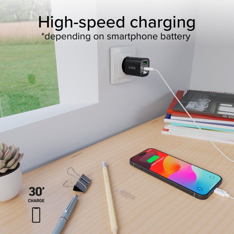 Wall charger with LCD screen, 1 USB-C PD 30W output, 1 USB-A 18W output