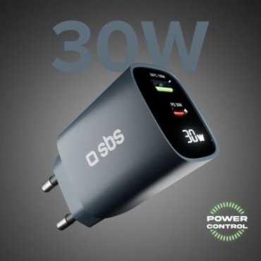 Wall charger with LCD screen, 1 USB-C PD 30W output, 1 USB-A 18W output