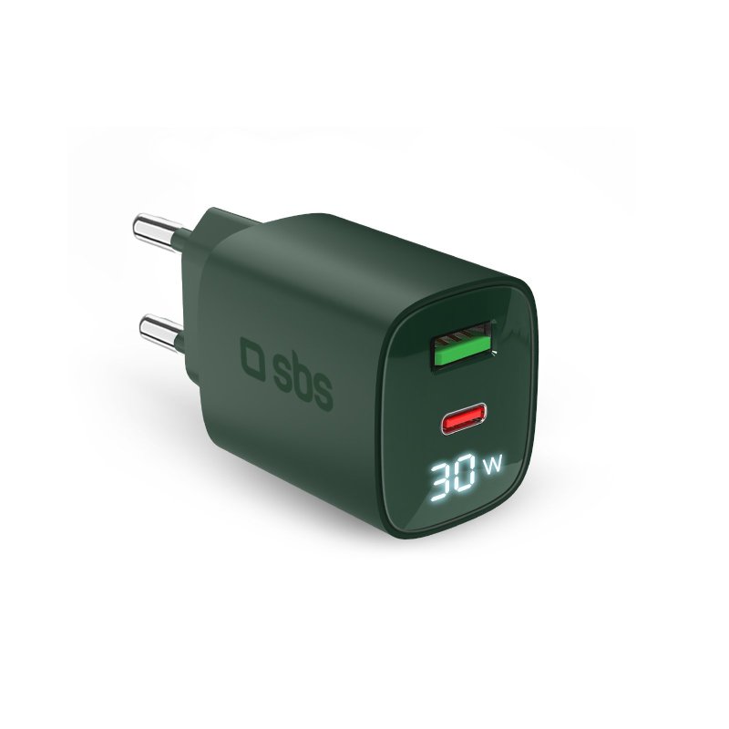 Wall charger with LCD screen, 1 USB-C PD 30W output, 1 USB-A 18W output