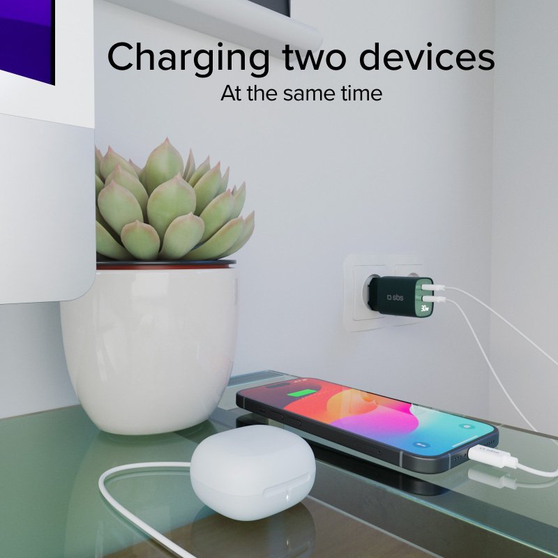 Wall charger with LCD screen, 1 USB-C PD 30W output, 1 USB-A 18W output