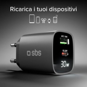 Wall charger with LCD screen, 1 USB-C PD 30W output, 1 USB-A 18W output