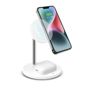 Stazione di ricarica wireless verticale 2 in 1 per iPhone, telefoni Android, AirPods, auricolari TWS