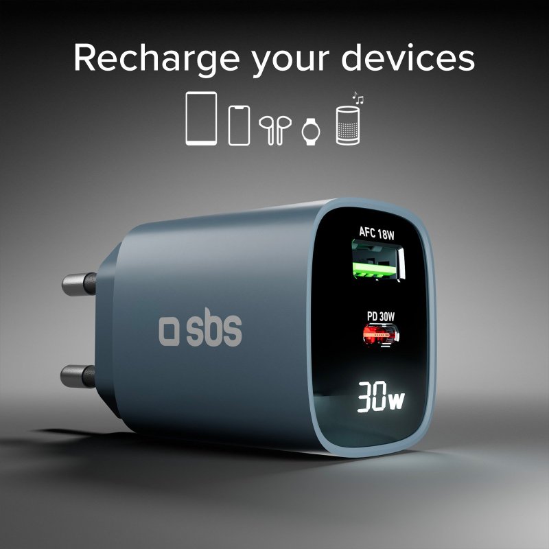 Wall charger with LCD screen, 1 USB-C PD 30W output, 1 USB-A 18W output