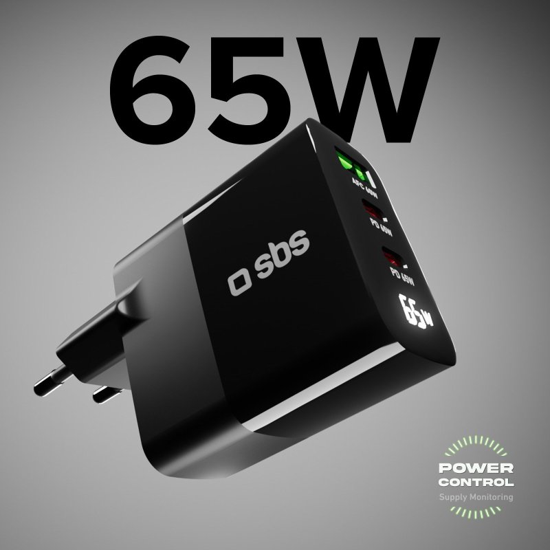 65W charger with LCD, 2 USB-C Power Delivery outputs and 1 USB-A Adaptive Fast Charge