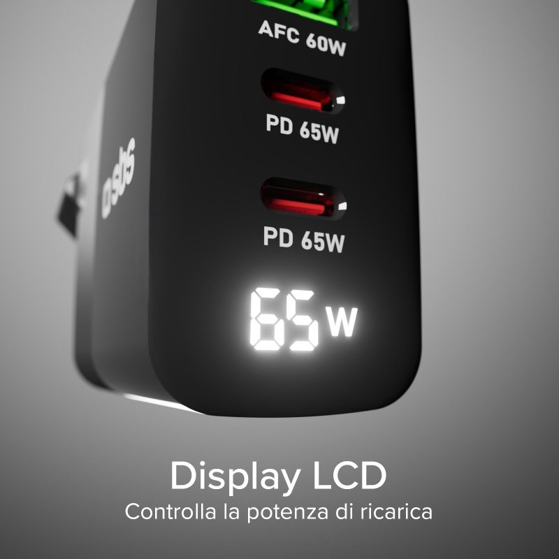 65W charger with LCD, 2 USB-C Power Delivery outputs and 1 USB-A Adaptive Fast Charge