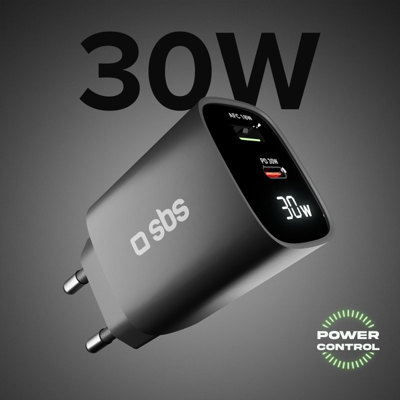 Wall charger with LCD screen, 1 USB-C PD 30W output, 1 USB-A 18W output