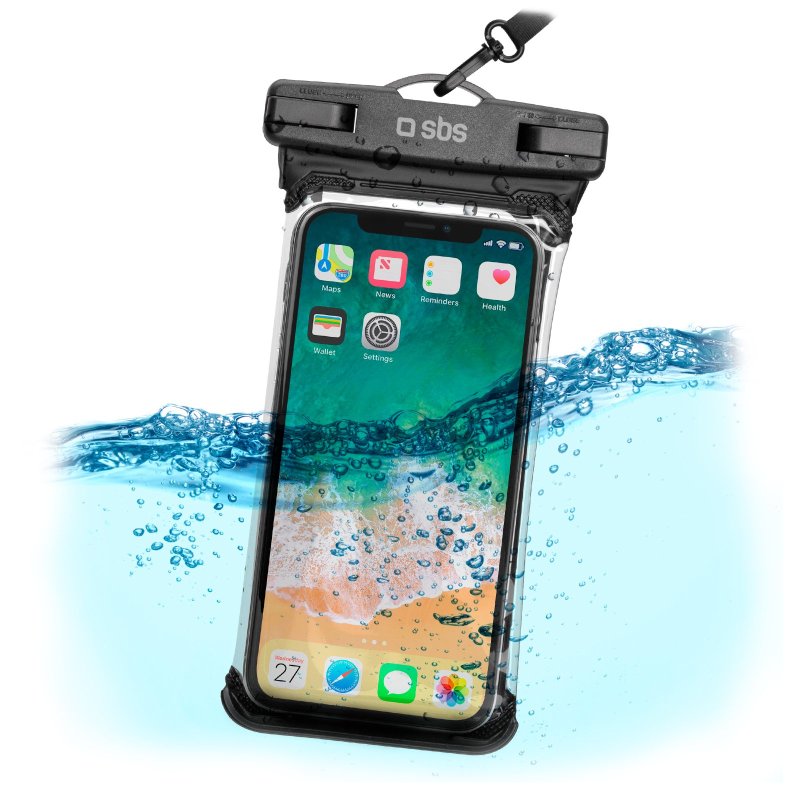 Black waterproof case with neck strap
