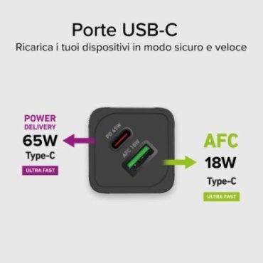 65 Watt GaN wall charger with 1 USB-C Power Delivery and 1 USB-A Adaptive Fast Charge