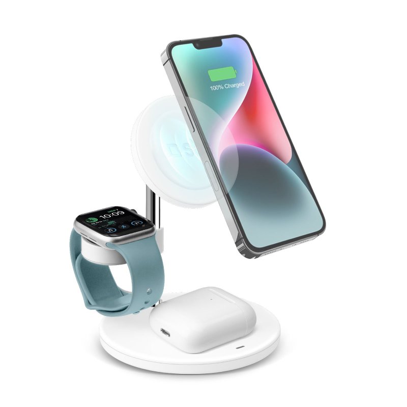 Station de Charge MagSafe pour iPhone, 3-en-1 avec Charge sans Fil pour  Apple Watch et AirPods - Blanc - Français