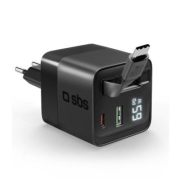 65 W GaN wall charger with an LCD screen and integrated USB-C cable