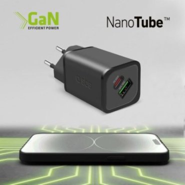 65 Watt GaN wall charger with 1 USB-C Power Delivery and 1 USB-A Adaptive Fast Charge