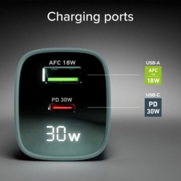 Wall charger with LCD screen, 1 USB-C PD 30W output, 1 USB-A 18W output