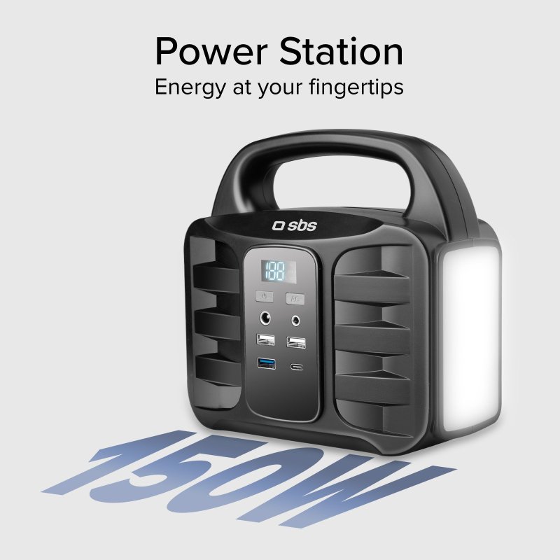 Portable 150 Watt charging station with USB-A, USB-C, AC socket, DC socket